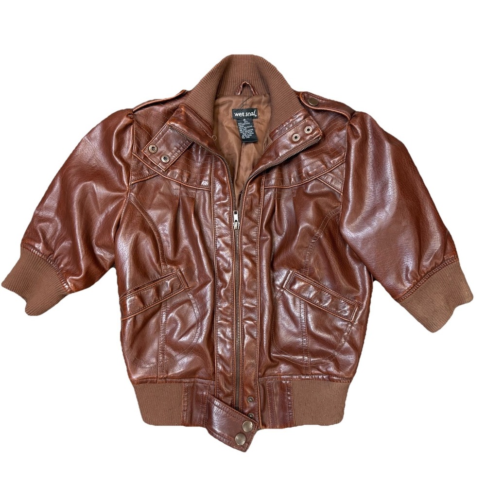 Y2K Wet Seal Brown Faux Leather Short Sleeve Moto Jacket M
